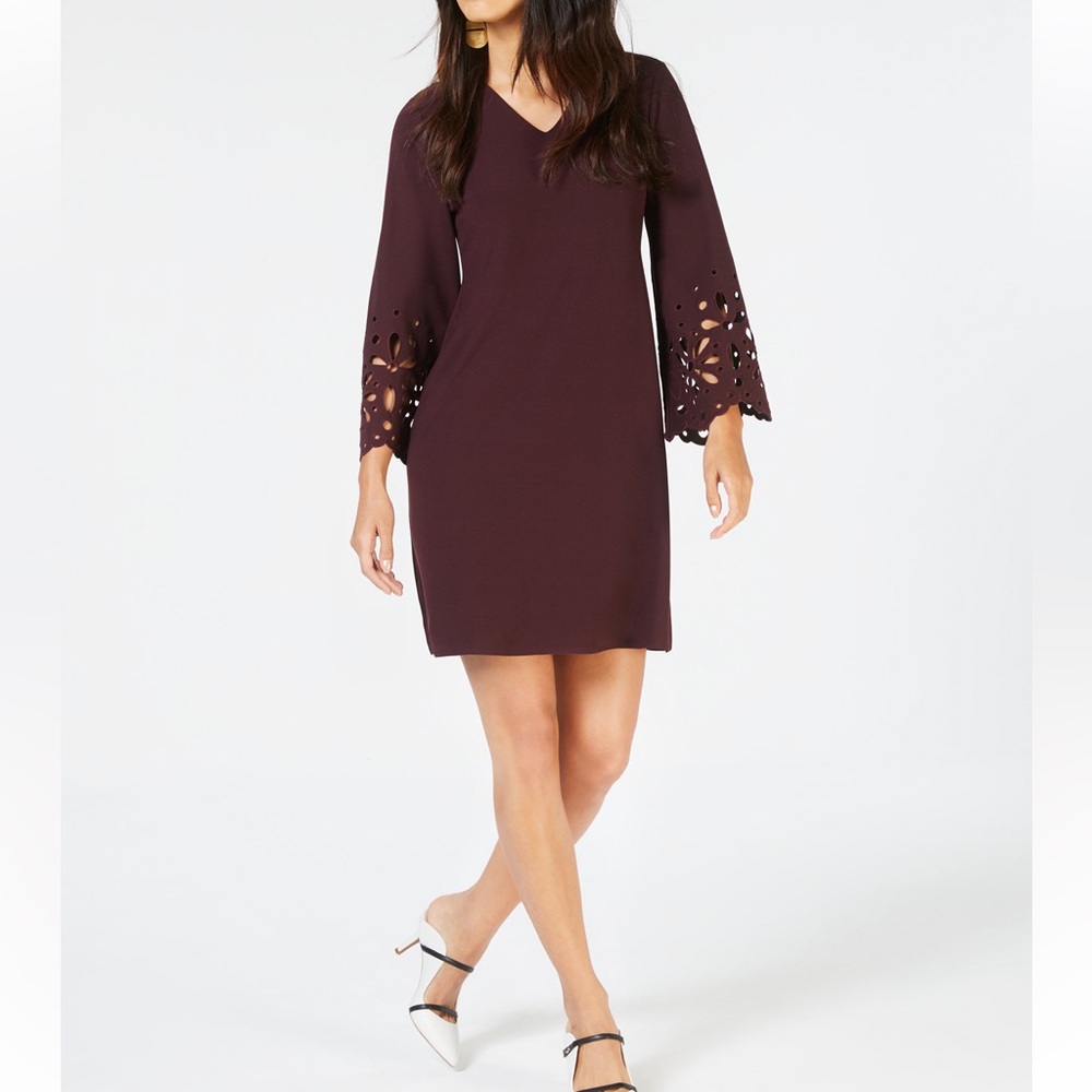 ALFANI Laser Cut Sleeve A-Line V-Neck Dress New Wine NWT 4P $89